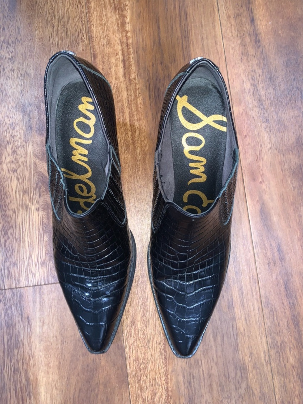 Sam Edelman Black Croc-Embossed Pointed Toe Heeled Booties Walton 8M EUR 38